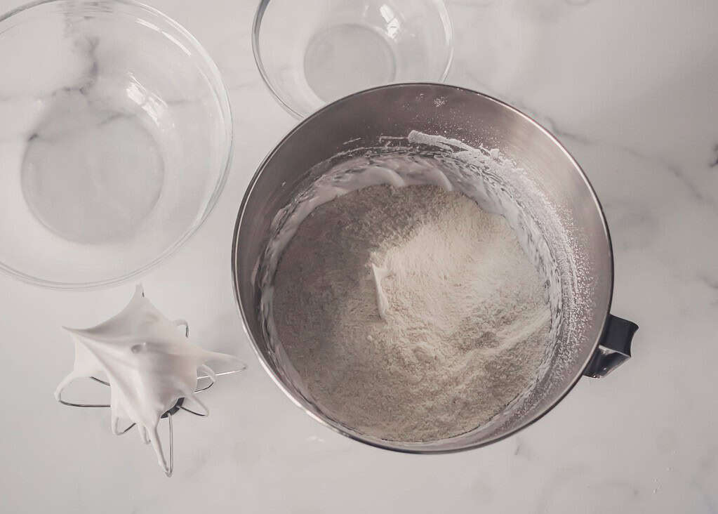mixing bowl with meringue and almond flour