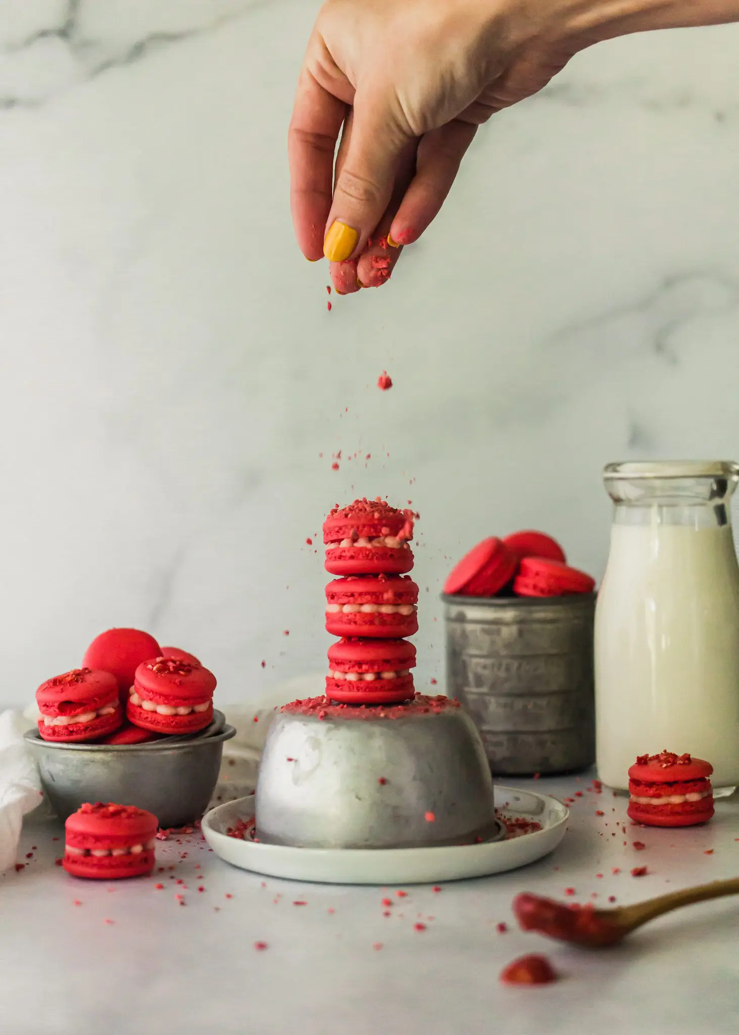 Mini Strawberry Macarons with Basil and Rhubarb