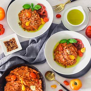 Triple tomato risotto dish created and plated by Portland food photographer