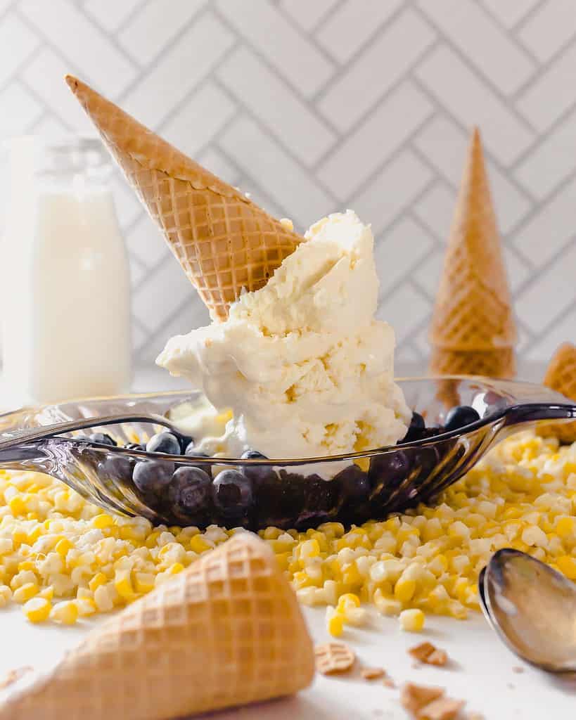 Homemade sweet corn ice cream in a waffle cone