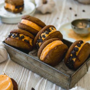 Pumpkin spiced ice cream sandwiches with a chewy gingersnap cookie